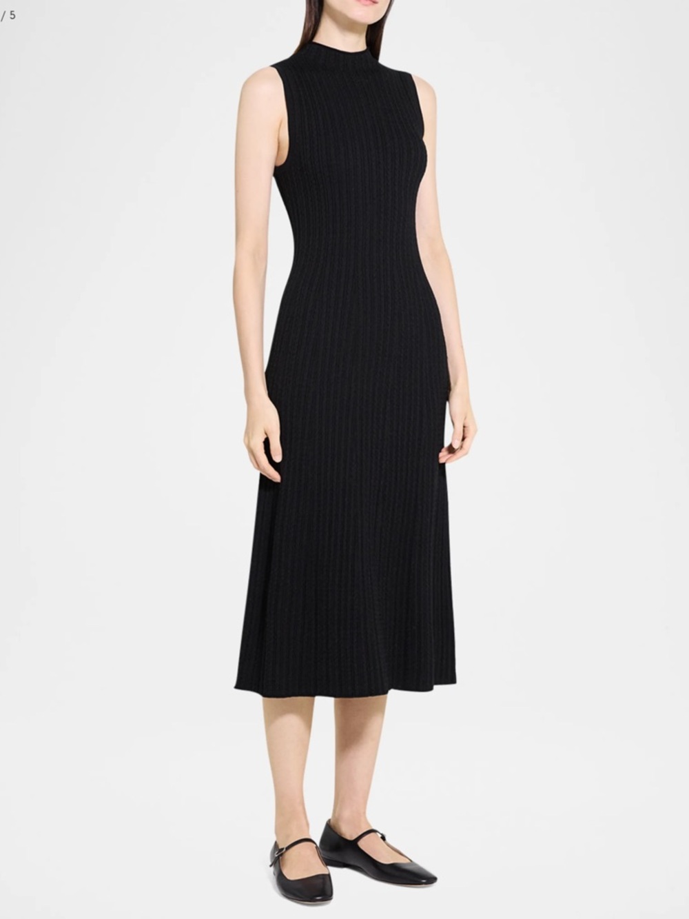 Theory Cable Rib Knit Midi Dress Black Sleeveless Mock Neck Size M